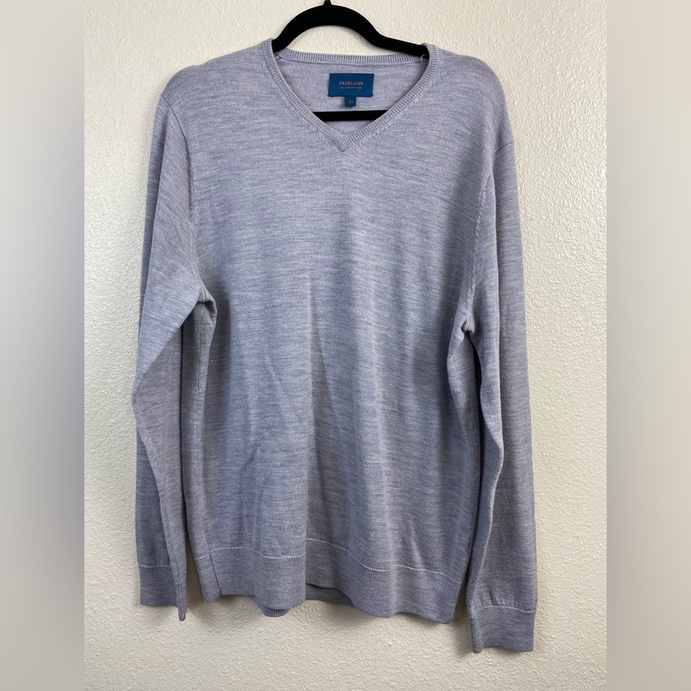 FAIRLANE Merino Wool Knit V-Neck Gray Silver Long Sleeve Sweater Shirt Men Large
